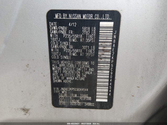Продаж на аукціоні авто 2012 Nissan Quest Le, vin: JN8AE2KP5C9044544, номер лоту: 45225421