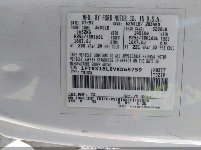 Продаж на аукціоні авто 1997 Ford F-150 Lariat/xl/xlt, vin: 1FTEX18L0VKD68759, номер лоту: 45225424