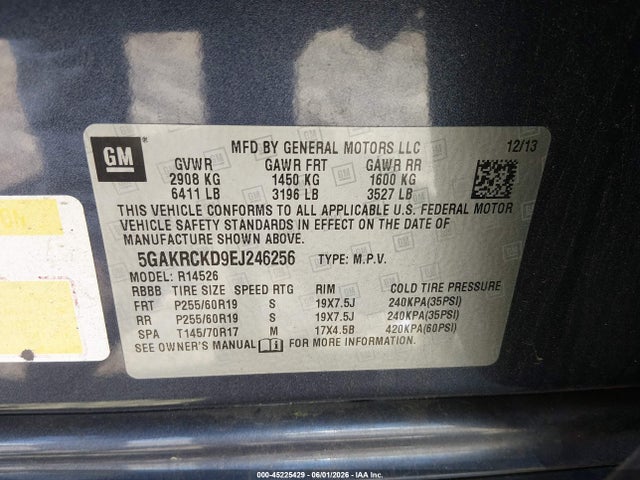 45225429 :رقم المزاد ، 5GAKRCKD9EJ246256 vin ، 2014 Buick Enclave Premium مزاد بيع