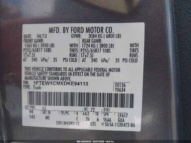 45225432 :رقم المزاد ، 1FTEW1CMXDKE94113 vin ، 2013 Ford F-150 Xlt مزاد بيع