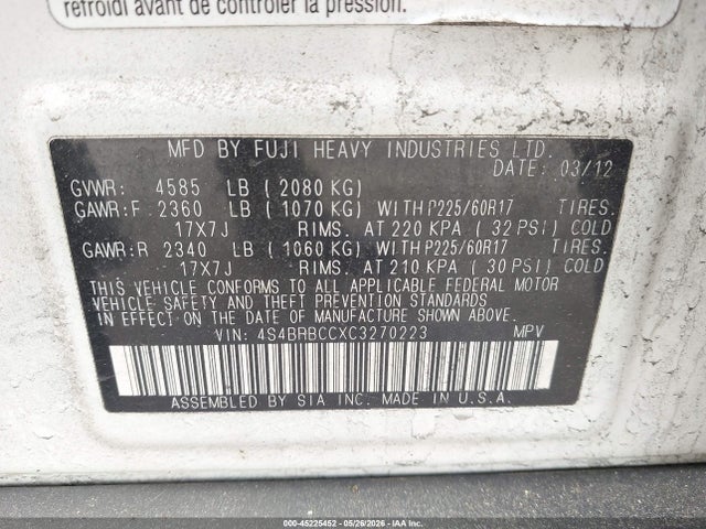 45225452 :رقم المزاد ، 4S4BRBCCXC3270223 vin ، 2012 Subaru Outback 2.5i Premium مزاد بيع