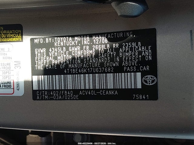 Продаж на аукціоні авто 2007 Toyota Camry Le, vin: 4T1BE46K17U637682, номер лоту: 45225456