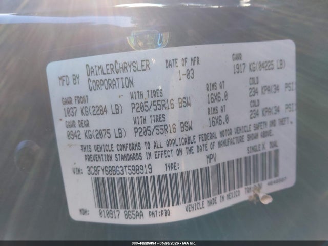 Aukcja sprzedaży 2003 Chrysler Pt Cruiser Limited, vin: 3C8FY68B63T598919, numer aukcji: 45225457