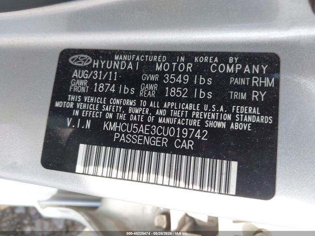 45225474 :رقم المزاد ، KMHCU5AE3CU019742 vin ، 2012 Hyundai Accent Se مزاد بيع