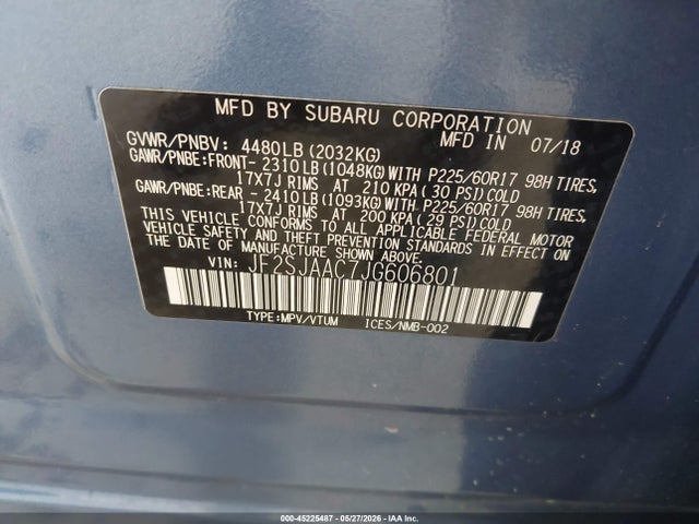 Aukcja sprzedaży 2018 Subaru Forester 2.5i, vin: JF2SJAAC7JG606801, numer aukcji: 45225487