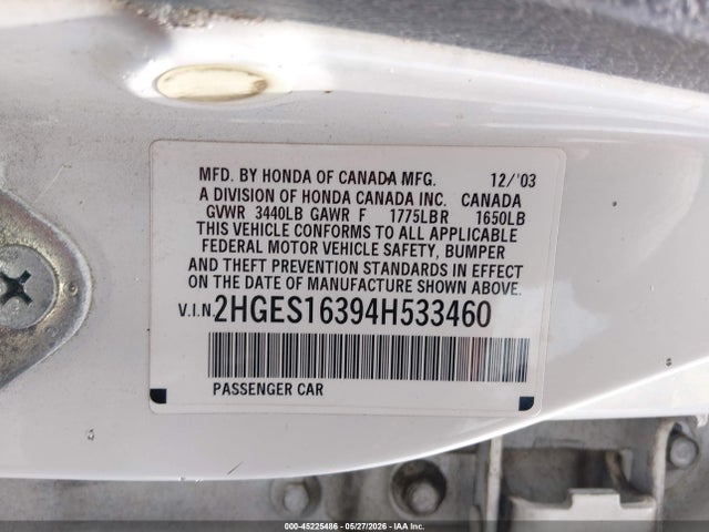 Aukcja sprzedaży 2004 Honda Civic Vp, vin: 2HGES16394H533460, numer aukcji: 45225486