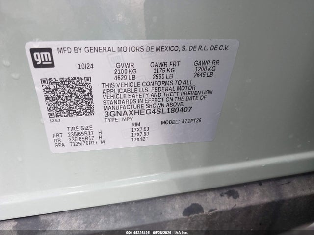 Aukcja sprzedaży 2025 Chevrolet Equinox Fwd Lt, vin: 3GNAXHEG4SL180407, numer aukcji: 45225495