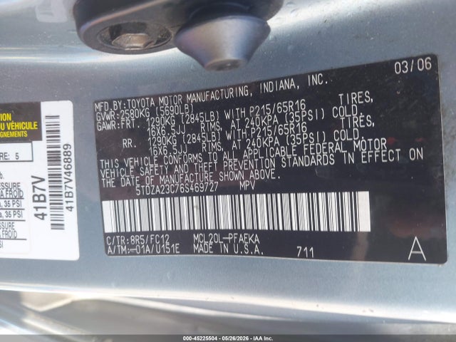 Aukcja sprzedaży 2006 Toyota Sienna Le, vin: 5TDZA23C76S469727, numer aukcji: 45225504