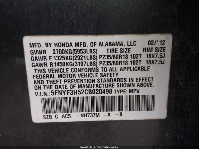 Продажа на аукционе авто 2012 Honda Pilot Ex-l, vin: 5FNYF3H52CB020498, номер лота: 45225515