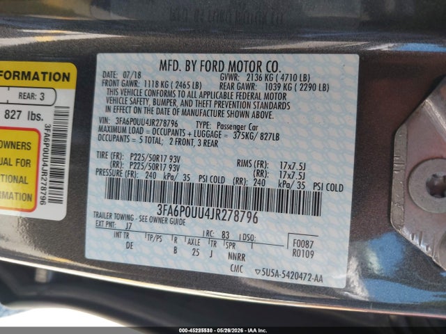Ford Fusion Hybrid S 2018 3FA6P0UU4JR278796 Image 9