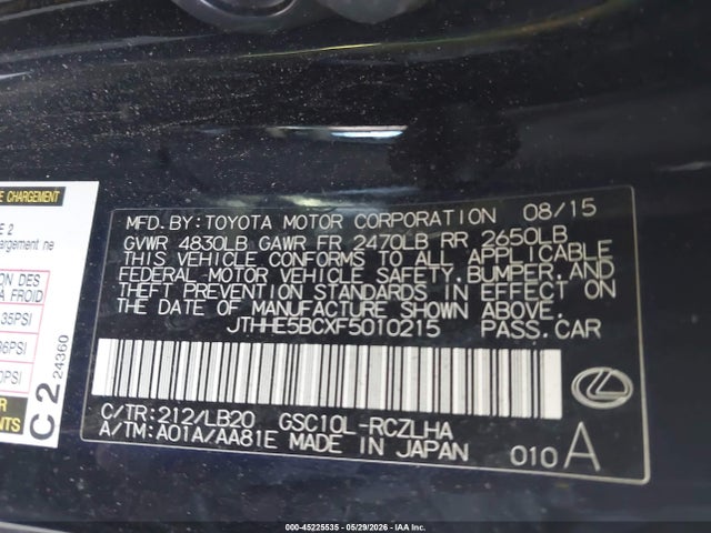 Aukcja sprzedaży 2015 Lexus Rc 350, vin: JTHHE5BCXF5010215, numer aukcji: 45225535