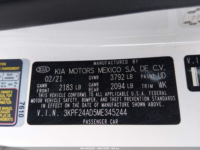 Aukcja sprzedaży 2021 Kia Forte Lxs, vin: 3KPF24AD5ME345244, numer aukcji: 45225537