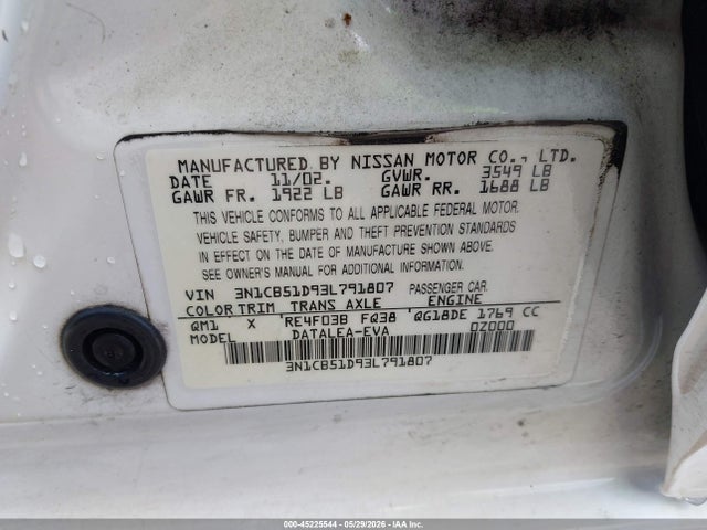 Продажа на аукционе авто 2003 Nissan Sentra Xe, vin: 3N1CB51D93L791807, номер лота: 45225544