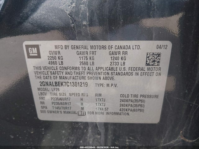 2012 Chevrolet Equinox Ls მანქანა იყიდება აუქციონზე, vin: 2GNALBEK7C1301219, აუქციონის ნომერი: 45225549