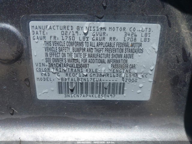 Aukcja sprzedaży 2019 Nissan Versa 1.6 Sv, vin: 3N1CN7AP4KL850497, numer aukcji: 45225552