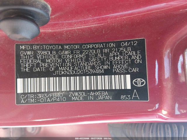 45225566 :رقم المزاد ، JTDKN3DU2C1539484 vin ، 2012 Toyota Prius Two مزاد بيع