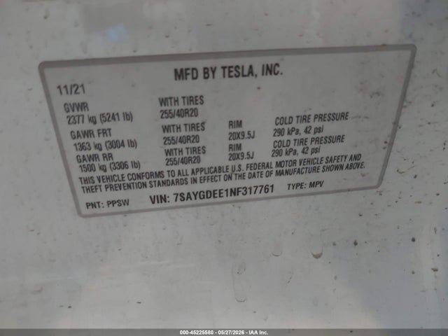 7SAYGDEE1NF317761 Tesla Model Y Long Range Dual Motor All-wheel Drive