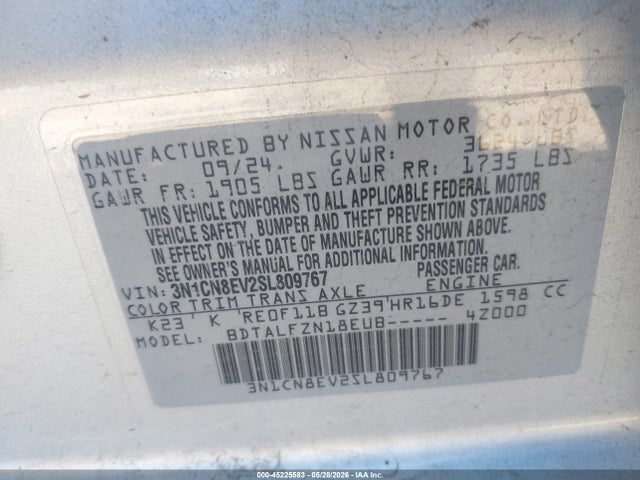 Auction sale of the 2025 Nissan Versa 1.6 Sv, vin: 3N1CN8EV2SL809767, lot number: 45225583