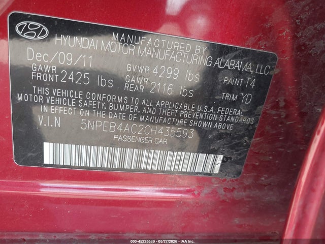 Продажа на аукционе авто 2012 Hyundai Sonata Gls, vin: 5NPEB4AC2CH435593, номер лота: 45225589