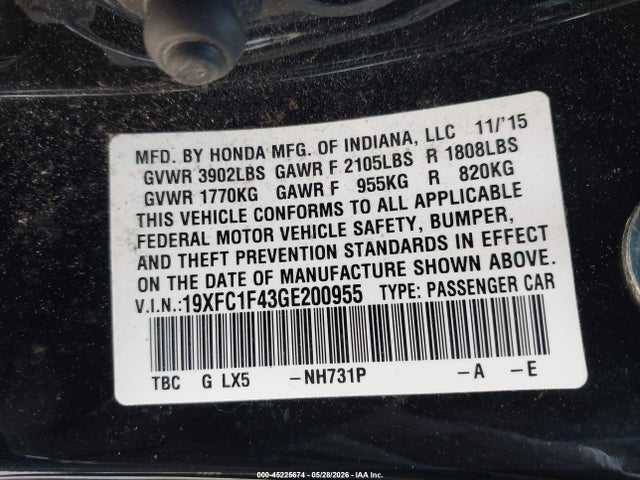 45225674 :رقم المزاد ، 19XFC1F43GE200955 vin ، 2016 Honda Civic Ex-t مزاد بيع