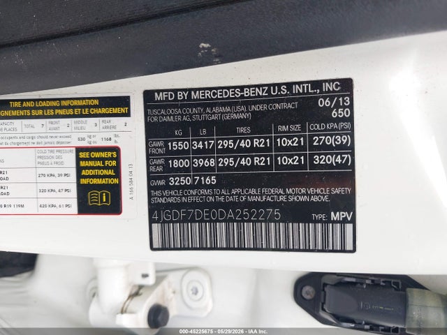 45225675 :رقم المزاد ، 4JGDF7DE0DA252275 vin ، 2013 Mercedes-benz Gl 550 4matic مزاد بيع