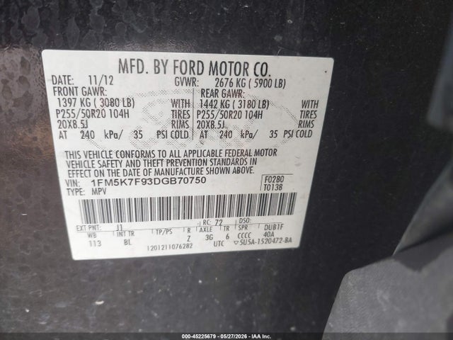 2013 Ford Explorer Limited მანქანა იყიდება აუქციონზე, vin: 1FM5K7F93DGB70750, აუქციონის ნომერი: 45225679