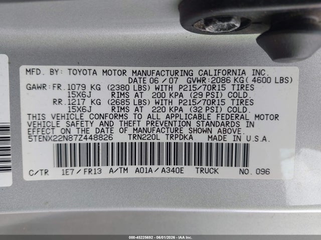 45225692 :رقم المزاد ، 5TENX22N87Z448826 vin ، 2007 Toyota Tacoma مزاد بيع