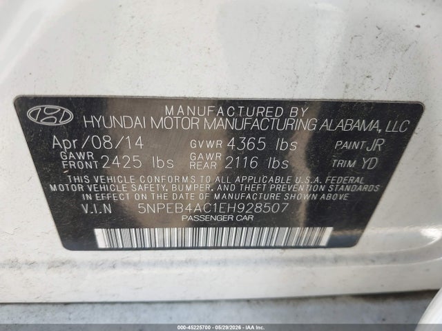 Aukcja sprzedaży 2014 Hyundai Sonata Gls, vin: 5NPEB4AC1EH928507, numer aukcji: 45225700