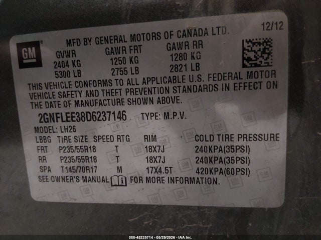 45225714 :رقم المزاد ، 2GNFLEE38D6237146 vin ، 2013 Chevrolet Equinox 1lt مزاد بيع