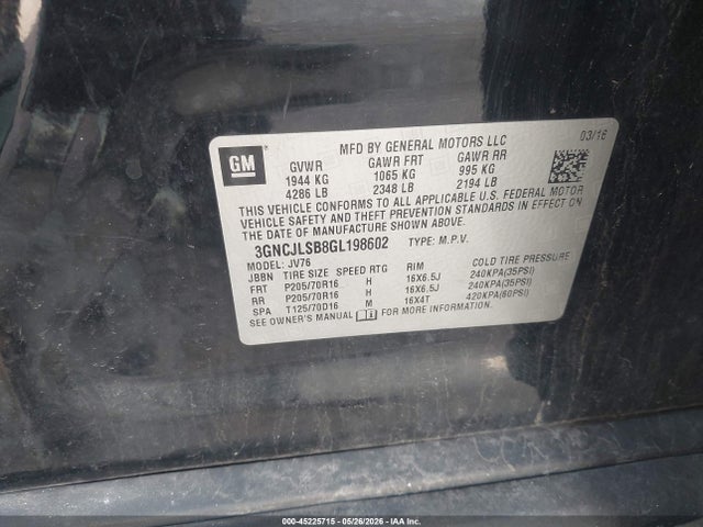Aukcja sprzedaży 2016 Chevrolet Trax Lt, vin: 3GNCJLSB8GL198602, numer aukcji: 45225715