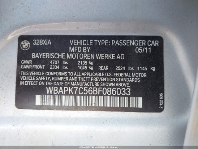 Aukcja sprzedaży 2011 Bmw 328i Xdrive, vin: WBAPK7C56BF086033, numer aukcji: 45225747