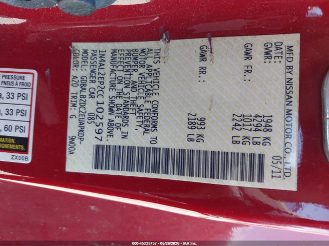 2012 Nissan Altima 2.5 S მანქანა იყიდება აუქციონზე, vin: 1N4AL2EP2CC102597, აუქციონის ნომერი: 45225757