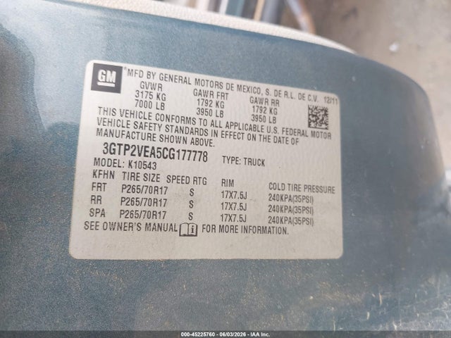 Продаж на аукціоні авто 2012 Gmc Sierra 1500 Sle, vin: 3GTP2VEA5CG177778, номер лоту: 45225760