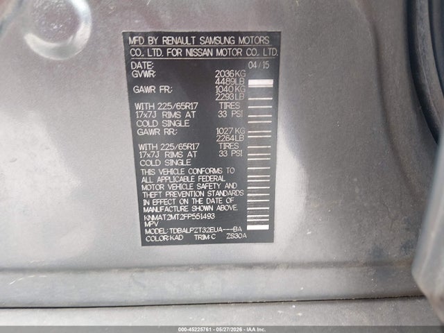 45225761 :رقم المزاد ، KNMAT2MT2FP551493 vin ، 2015 Nissan Rogue S مزاد بيع