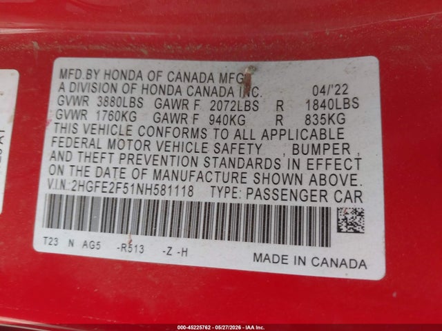 2HGFE2F51NH581118 Honda Civic Sport