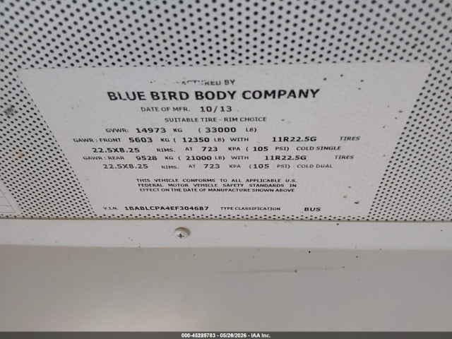 Blue Bird School Bus / Transit Bus 2014 1BABLCPA4EF304687 Image 9