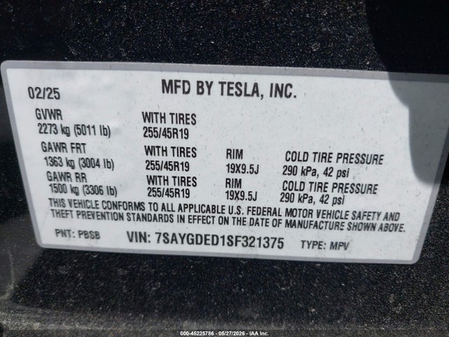 Продажа на аукционе авто 2025 Tesla Model Y Long Range Dual Motor Rear-wheel Drive, vin: 7SAYGDED1SF321375, номер лота: 45225786