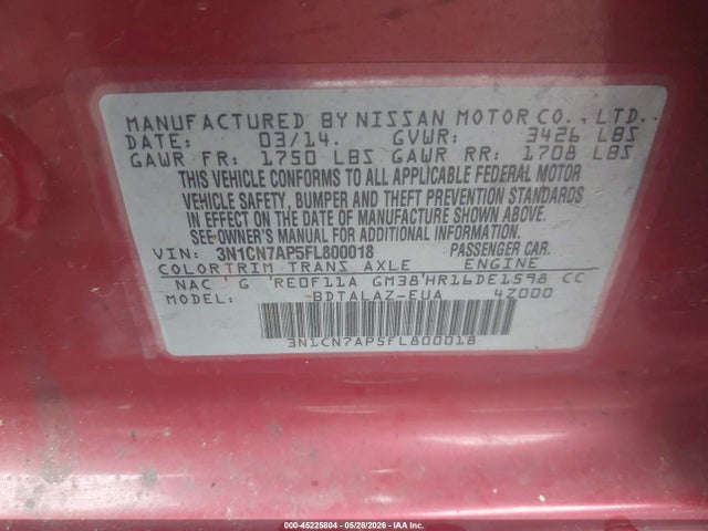 Aukcja sprzedaży 2015 Nissan Versa 1.6 S+, vin: 3N1CN7AP5FL800018, numer aukcji: 45225804