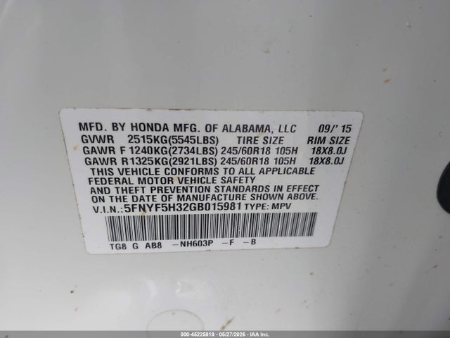 45225819 :رقم المزاد ، 5FNYF5H32GB015981 vin ، 2016 Honda Pilot Ex مزاد بيع