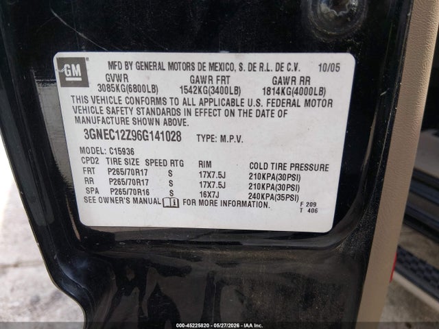 2006 Chevrolet Avalanche 1500 Z66 მანქანა იყიდება აუქციონზე, vin: 3GNEC12Z96G141028, აუქციონის ნომერი: 45225820