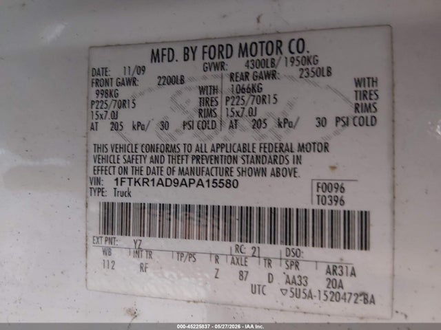 45225837 :رقم المزاد ، 1FTKR1AD9APA15580 vin ، 2010 Ford Ranger Xl/xlt مزاد بيع