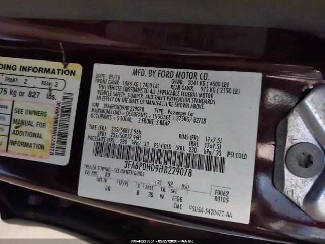 45225851 :رقم المزاد ، 3FA6P0HD9HR229078 vin ، 2017 Ford Fusion Se مزاد بيع
