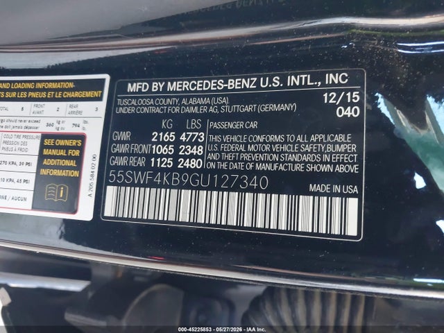 Aukcja sprzedaży 2016 Mercedes-benz C 300 4matic, vin: 55SWF4KB9GU127340, numer aukcji: 45225853