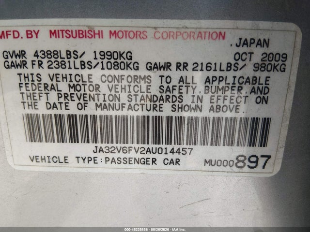 2010 Mitsubishi Lancer Ralliart მანქანა იყიდება აუქციონზე, vin: JA32V6FV2AU014457, აუქციონის ნომერი: 45225856