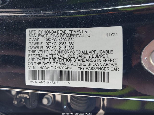 Aukcja sprzedaży 2022 Honda Accord Lx, vin: 1HGCV1F12NA002419, numer aukcji: 45225865