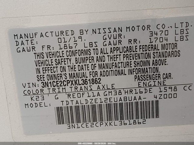 Продажа на аукционе авто 2019 Nissan Versa Note Sv, vin: 3N1CE2CPXKL361862, номер лота: 45225868