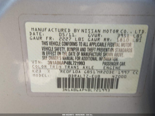 Продажа на аукционе авто 2011 Nissan Sentra 2.0s, vin: 3N1AB6AP4BL721993, номер лота: 45225872