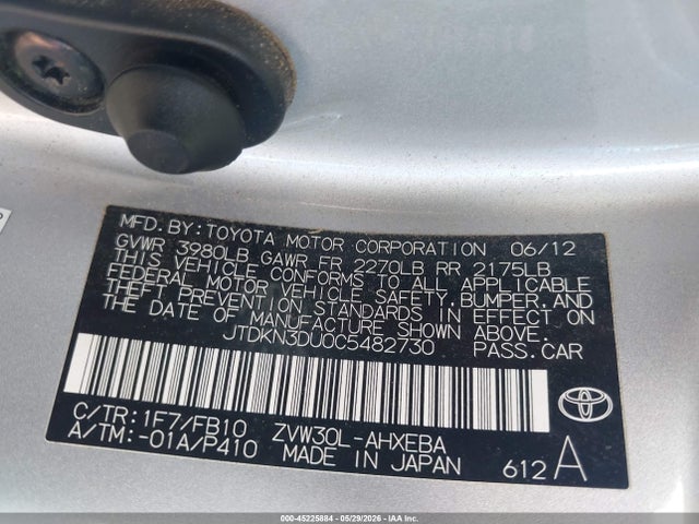 45225884 :رقم المزاد ، JTDKN3DU0C5482730 vin ، 2012 Toyota Prius Three مزاد بيع