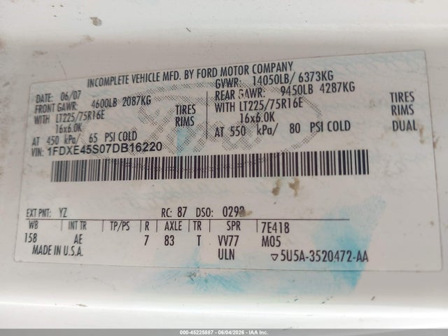 2007 Ford E-450 Cutaway მანქანა იყიდება აუქციონზე, vin: 1FDXE45S07DB16220, აუქციონის ნომერი: 45225887