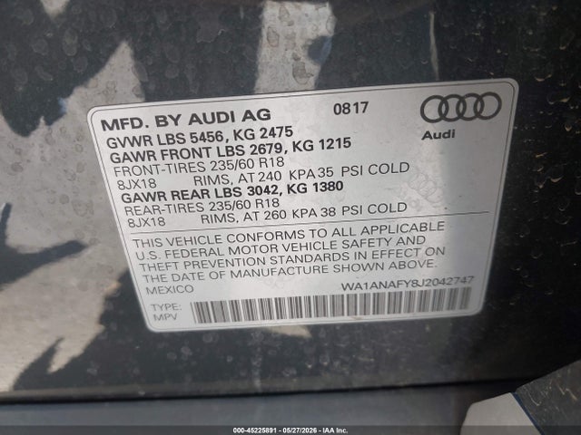 45225891 :رقم المزاد ، WA1ANAFY8J2042747 vin ، 2018 Audi Q5 2.0t Premium/2.0t Tech Premium مزاد بيع